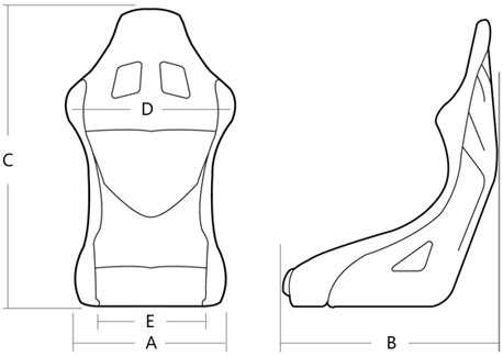 A:정면 폭, B:옆면 폭, C:높이, D:어깨 폭, E:엉덩이 폭